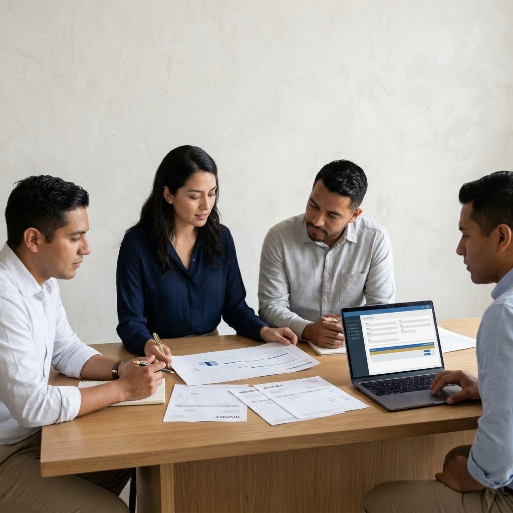 Equipo contable revisando facturas y órdenes de compra