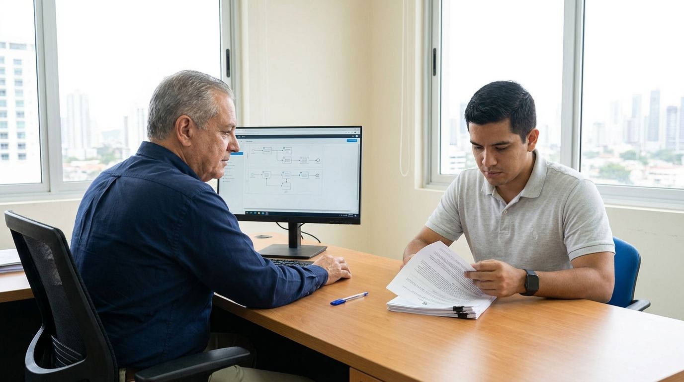 Equipo de operaciones revisando una cotización y documentos en una oficina