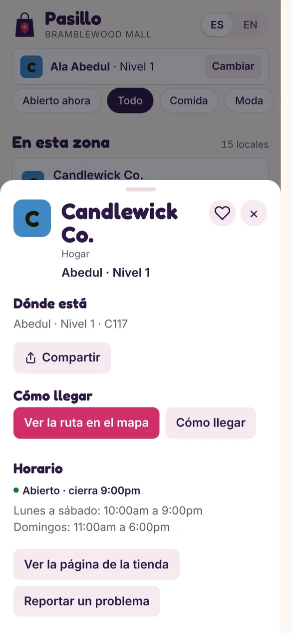 Pasillo en un teléfono: la ficha de una tienda, con su ubicación, horario y ruta